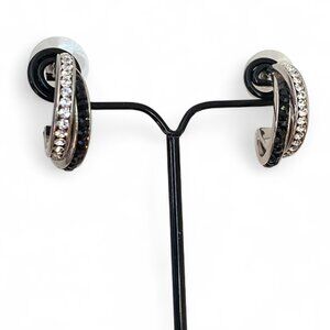 FAC NWT Black & Clear Crystal Silver Tone Hoop Earrings